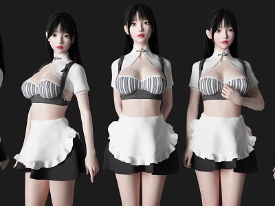 Woman In Stylish Maid Outfit With Striped Crop Top White Apron And Black Skirt 3d model