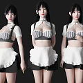 Woman In Stylish Maid Outfit With Striped Crop Top White Apron And Black Skirt