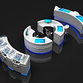 Modern Curved Reception Desk Design With Blue Interactive Screens And LED Lighting For Office Lobby