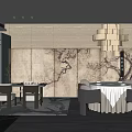 Elegant Modern Private Dining Room With White Tablecloth Table Dark Chairs Decorative Wall And Chandelier 3d model
