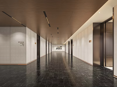 Modern Hotel Corridor With White Walls Dark Flooring And Recessed Lighting Leading To Elevators 3d model