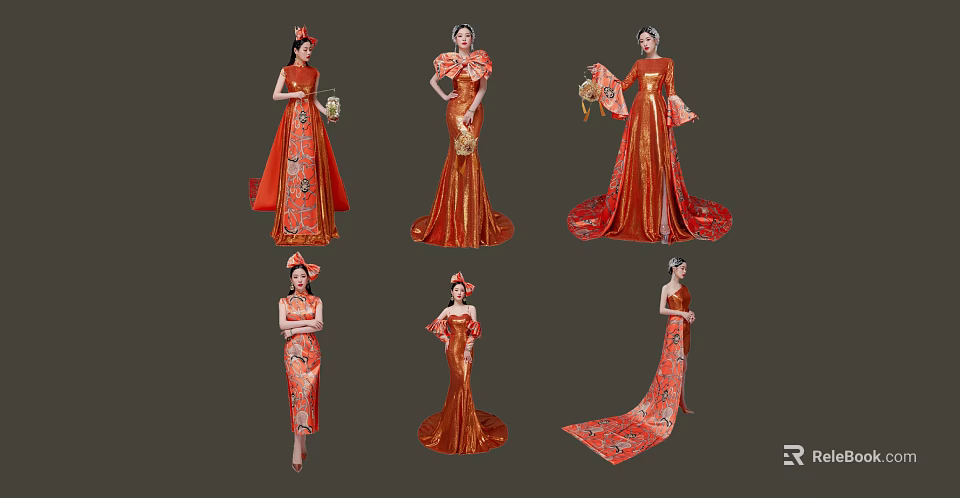 Traditional Red Chinese Dresses Featuring Elegant Embroidery And Various Styles For Women 3d model 