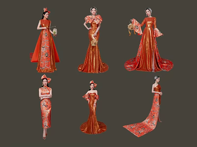 Traditional Red Chinese Dresses Featuring Elegant Embroidery And Various Styles For Women 3d model
