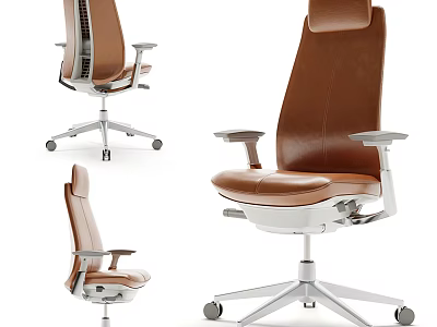Brown Leather Office Chair With Modern Design Adjustable Armrests And Silver Base 3d model