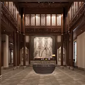 Traditional Chinese Style Hotel Lobby With High Ceiling Wooden Structures And Central Stone Basin