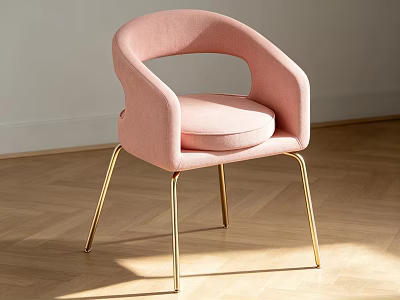 Modern Pink Upholstered Armchair With Curved Back And Gold Metal Legs On Wooden Floor 3d model