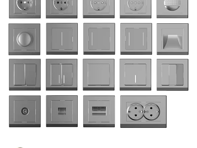 Modern Gray Electrical Switches And Sockets With Various Designs For Daily Electrical Appliances 3d model
