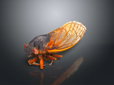 Close Up Of Cicada With Black Body Orange Wings Red Eyes On Smooth Surface 3d model