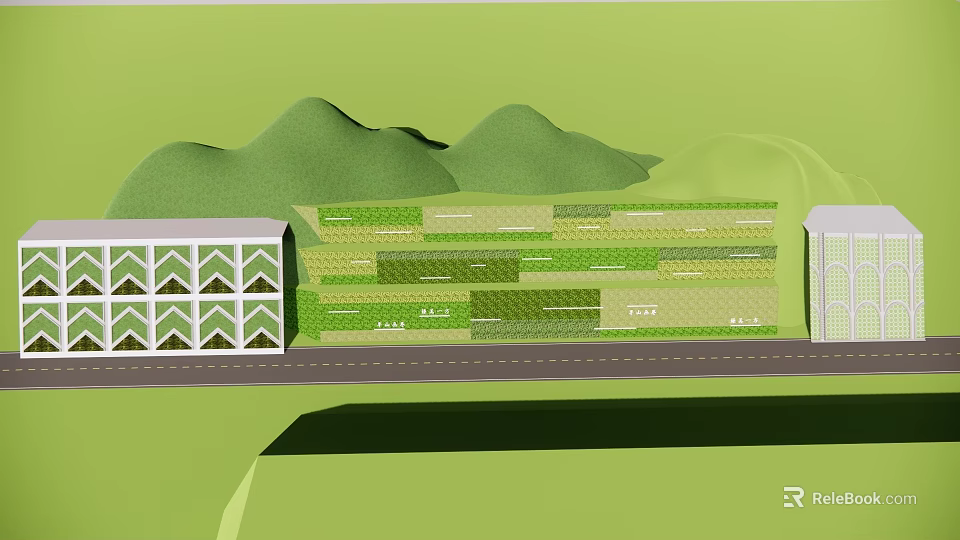 Garden Landscape Design Featuring Layered Green Planting Areas Surrounding Hills And Buildings 3d model 
