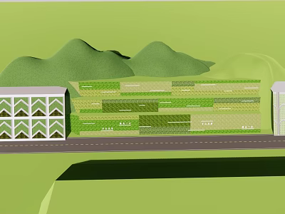 Garden Landscape Design Featuring Layered Green Planting Areas Surrounding Hills And Buildings 3d model