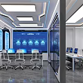 Modern Control Room with Blue Digital Screens Workstations and Glowing Lights