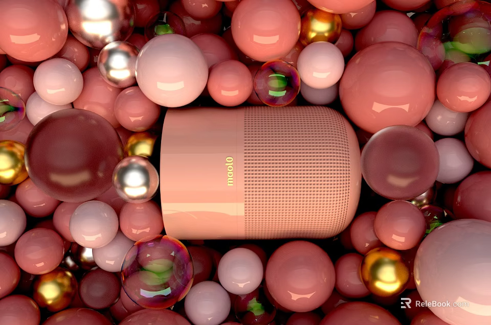 Pink Bluetooth Speaker With Modern Design Surrounded By Colorful Decorative Balls 3d model 