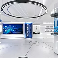 Modern Tech Inspired Exhibition Hall With Blue Screens Transparent Cabinets And Circular Lighting