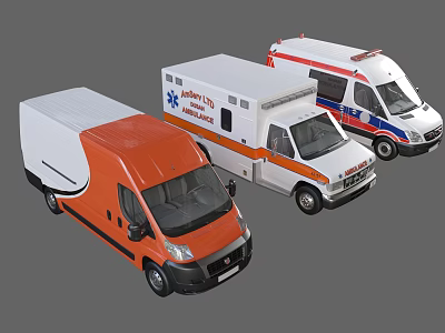 Three Emergency Vehicles Ambulance and Cargo Van in Orange White and Red Blue Colors 3d model