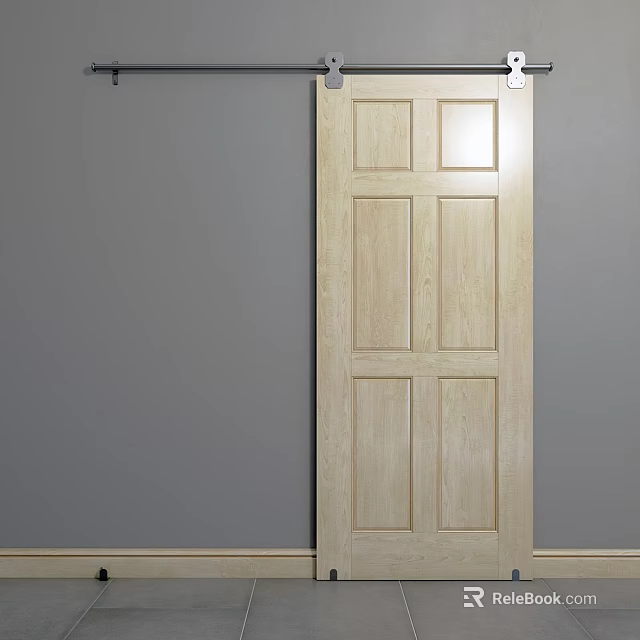 Light Wood Barn Door With Panel Design Against Gray Wall Background 3d model 
