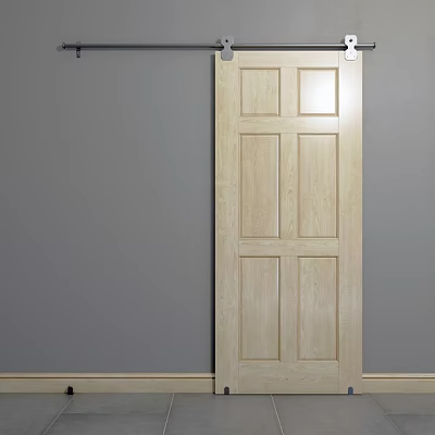 Light Wood Barn Door With Panel Design Against Gray Wall Background 3d model