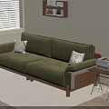 Green Two-seater Sofa with Pillows Side Table Books and Blinds in Living Room Interior