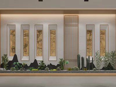 Traditional Scroll Paintings With Rock Formations And Green Plants In Modern Indoor Decor 3d model