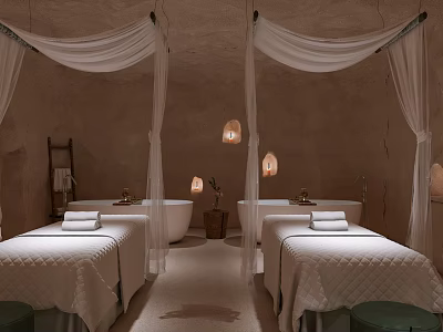 Relaxing SPA Sauna Interior With Massage Beds Soft Lighting And Canopies 3d model