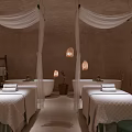 Relaxing SPA Sauna Interior With Massage Beds Soft Lighting And Canopies