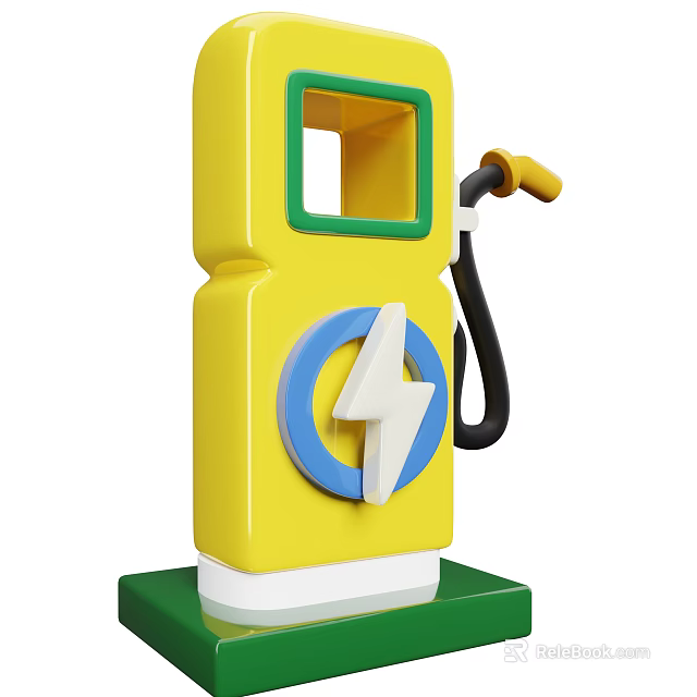 Yellow Gas Station Decorative Ornament Set with Green Frame Blue Lightning Symbol and Fuel Nozzle 3d model 