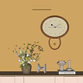 Wooden Wall Clock With Decorative Pendulum On Light Colored Wall Near Flower Arrangement And Decor Items