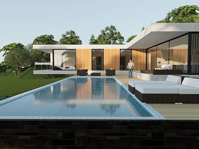 Modern Detached Villa With Swimming Pool Lush Greenery And Contemporary Architecture Design 3d model