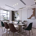 Modern Living Dining Room With Dining Table Colorful Chairs Artwork And Patterned Wall