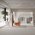 White Clothing Store Interior Featuring Hanging Clothes Mannequin Orange Boxes And Transparent Stand