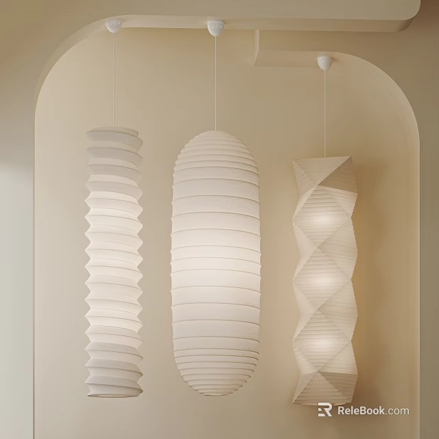 Three Spiral Cylindrical And Origami Shaped White Pendant Lights In Minimalist Room 3d model 