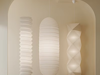 Three Spiral Cylindrical And Origami Shaped White Pendant Lights In Minimalist Room 3d model