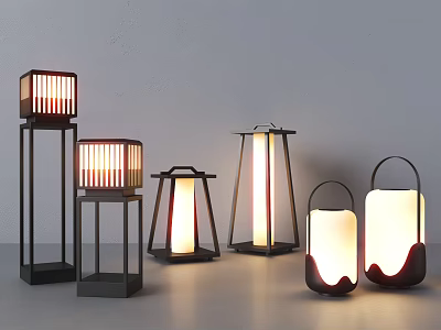 Various Styles Lantern Shaped Outdoor Lamps with Wooden Frames Handle and Red White Shades 3d model