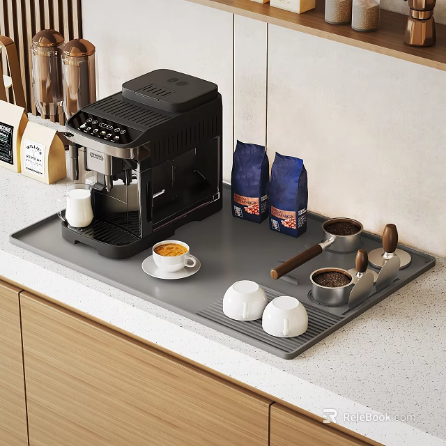 Coffee Station Setup With Espresso Machine Bean Bags Cups And Tools 3d model