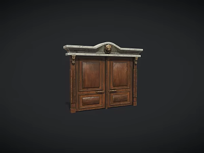 Traditional Dark Brown Wooden Double Doors With Ornate Carvings Lion Head Ornament And Wooden Frame 3d model