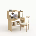 Modern Light Wood Desk with Laptop Table Lamp Books and Minimalist Chair