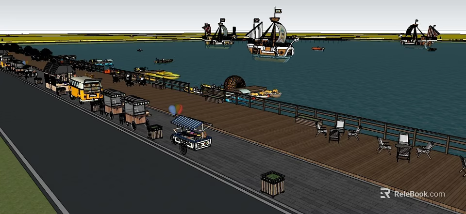 Scenic Waterfront Landscape with Wooden Pier Food Stalls Seating Areas and Sailing Boats 3d model 