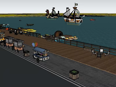 Scenic Waterfront Landscape with Wooden Pier Food Stalls Seating Areas and Sailing Boats 3d model
