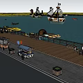 Scenic Waterfront Landscape with Wooden Pier Food Stalls Seating Areas and Sailing Boats