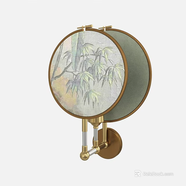Round Wall Lamp With Bamboo Leaf Pattern And Gold Metal Frame Design 3d model