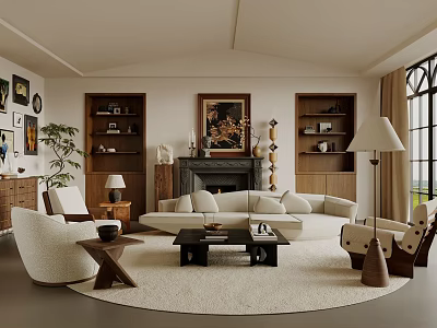 Cozy Living Room Interior Design With Sofa Coffee Table Bookshelves And Fireplace 3d model