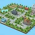 Vibrant Commercial Street with Ferris Wheel Lush Trees Lake Tennis Courts and Diverse Buildings