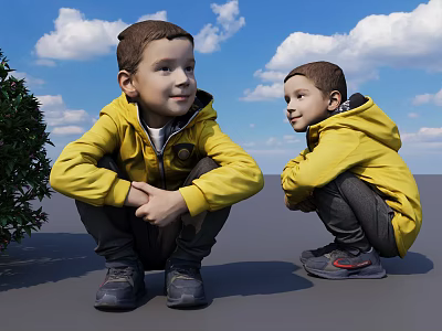 Two Men In Yellow Jackets Squatting On Ground With Trees And Blue Sky 3d model