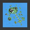 Colorful Playful Cartoon Scenery With Islands Mountains Hot Air Balloons Lighthouse Bridge Pathway Cottages Trees
