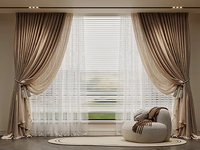 Cozy Living Room Interior With Beige Curtains White Blinds And Bean Bag Chair 3d model