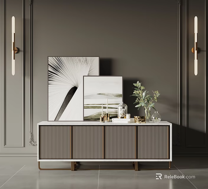 Modern Minimalist Console Cabinet With Striped Doors On Gray Wall And Green Plant Artwork Decor 3d model 