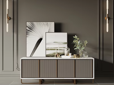 Modern Minimalist Console Cabinet With Striped Doors On Gray Wall And Green Plant Artwork Decor 3d model