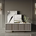 Modern Minimalist Console Cabinet With Striped Doors On Gray Wall And Green Plant Artwork Decor