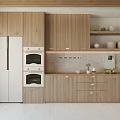 Modern Natural Wood Sideboard Cabinet With Open Storage Shelves And Built In Kitchen Appliances
