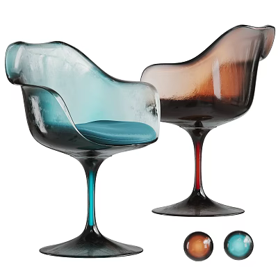 Modern Transparent Dining Chairs With Blue Padded Seats And Brown Tall Stem Base 3d model