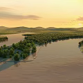 Scenic Sunset Over Vast River Wetlands With Lush Green Trees And Rolling Hills